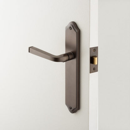 Iver Annecy Door Lever Handle on Shouldered Backplate Polished Brass