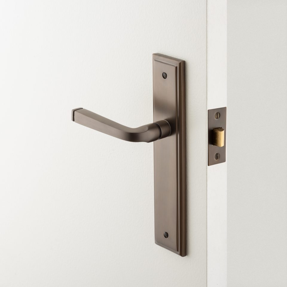 Iver Annecy Door Lever Handle on Stepped Backplate Polished Brass