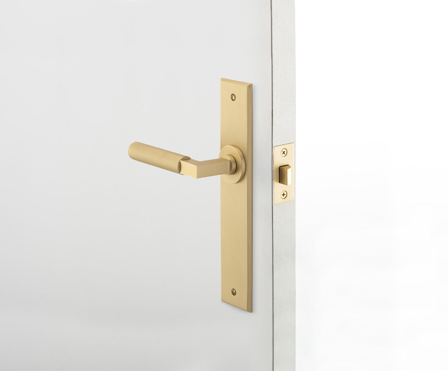 Iver Berlin Door Lever Handle on Chamfered Rectangular Backplate Brushed Brass