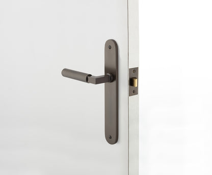 Iver Brunswick Door Lever Handle on Oval Backplate Signature Brass