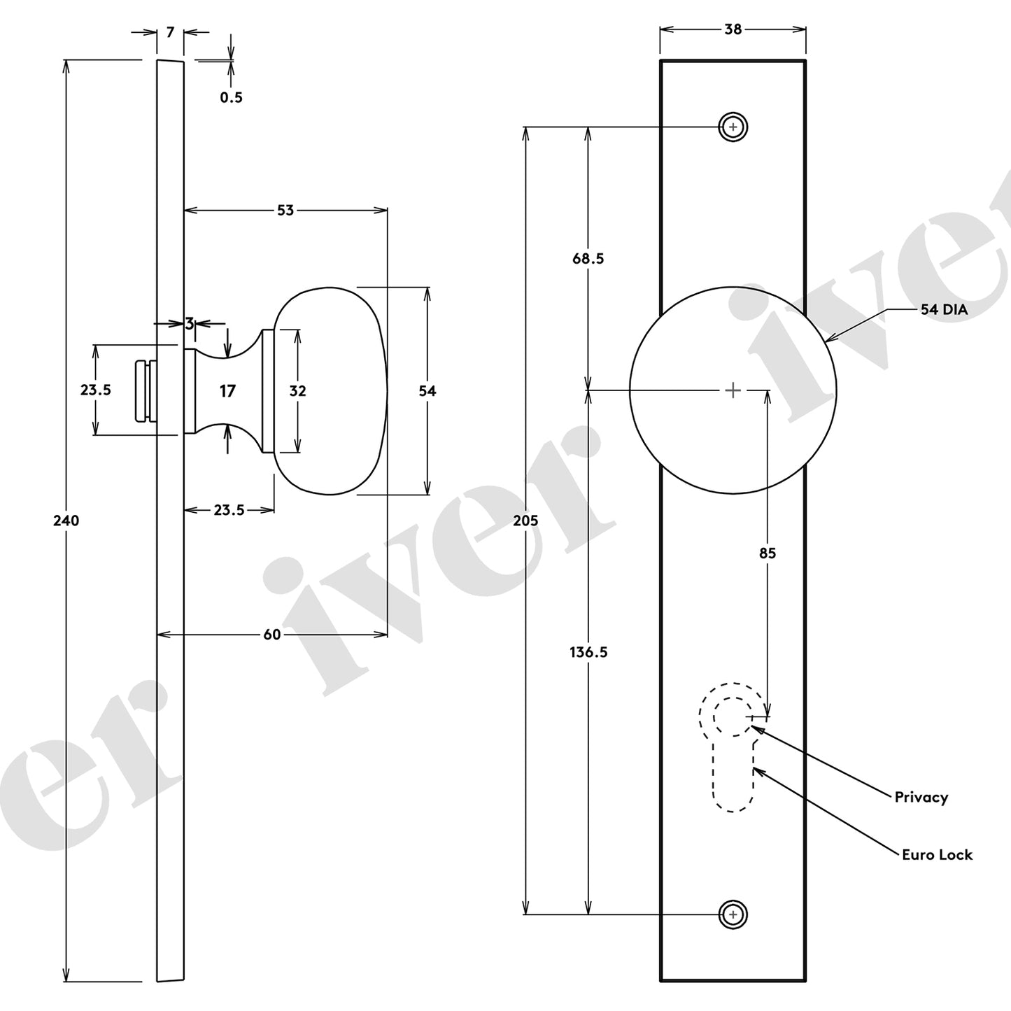 Iver Cambridge Door Knob on Rectangular Backplate Signature Brass
