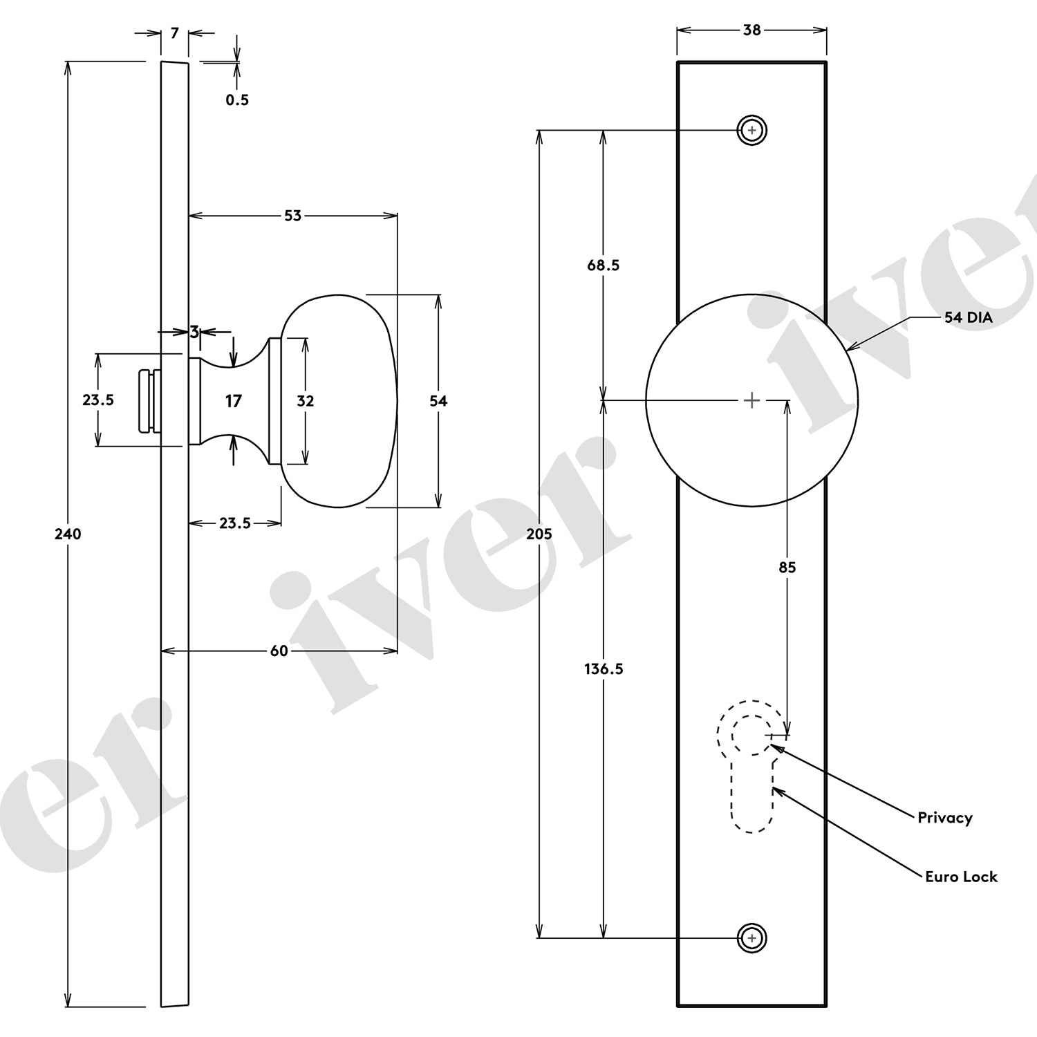 Iver Cambridge Door Knob on Rectangular Backplate Signature Brass