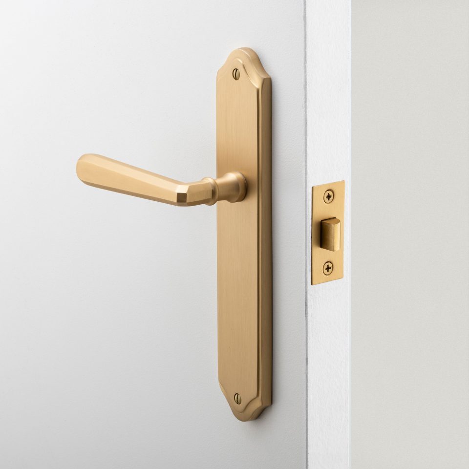 Iver Copenhagen Door Lever Handle on Shouldered Backplate Signature Brass