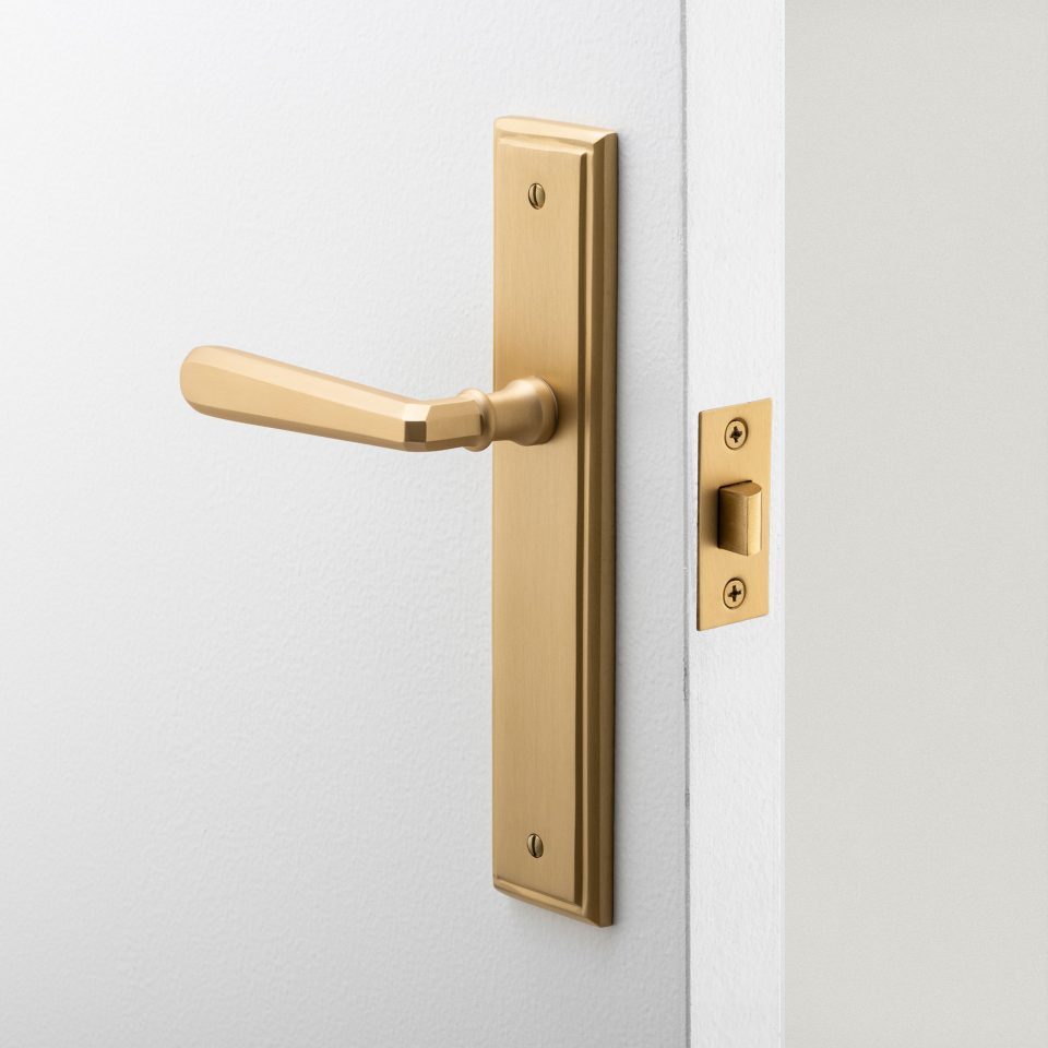 Iver Copenhagen Door Lever Handle on Stepped Backplate Brushed Brass