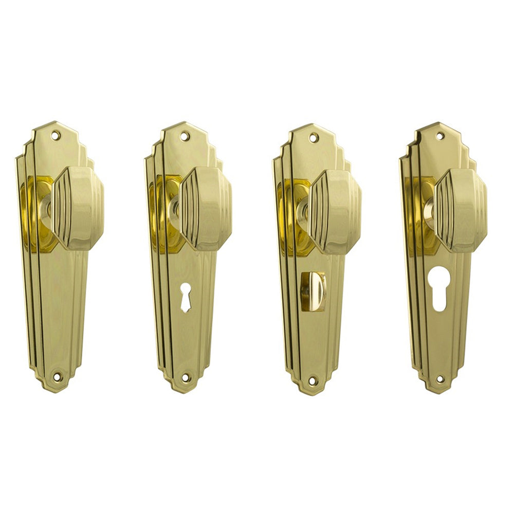 Tradco Elwood Art Deco Door Knob on Backplate Polished Brass