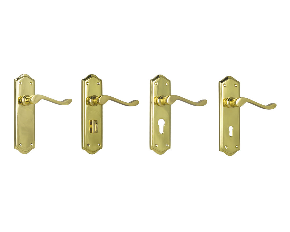 Tradco Henley Lever Door Handle on Shouldered Backplate Polished Brass
