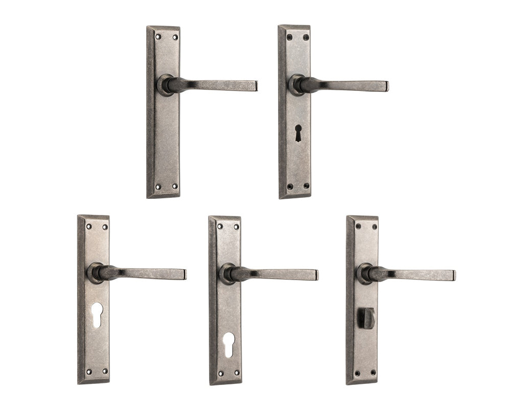 Tradco Menton Lever Door Handle on Long Backplate Rumbled Nickel