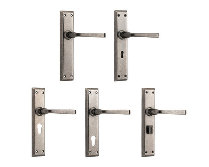 Tradco Menton Lever Door Handle on Long Backplate Rumbled Nickel