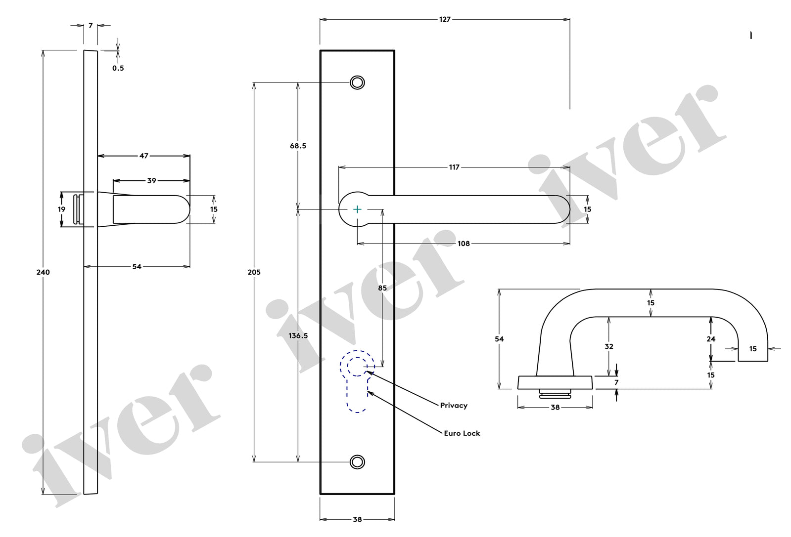 Iver Oslo Door Lever Handle on Rectangular Backplate Signature Brass
