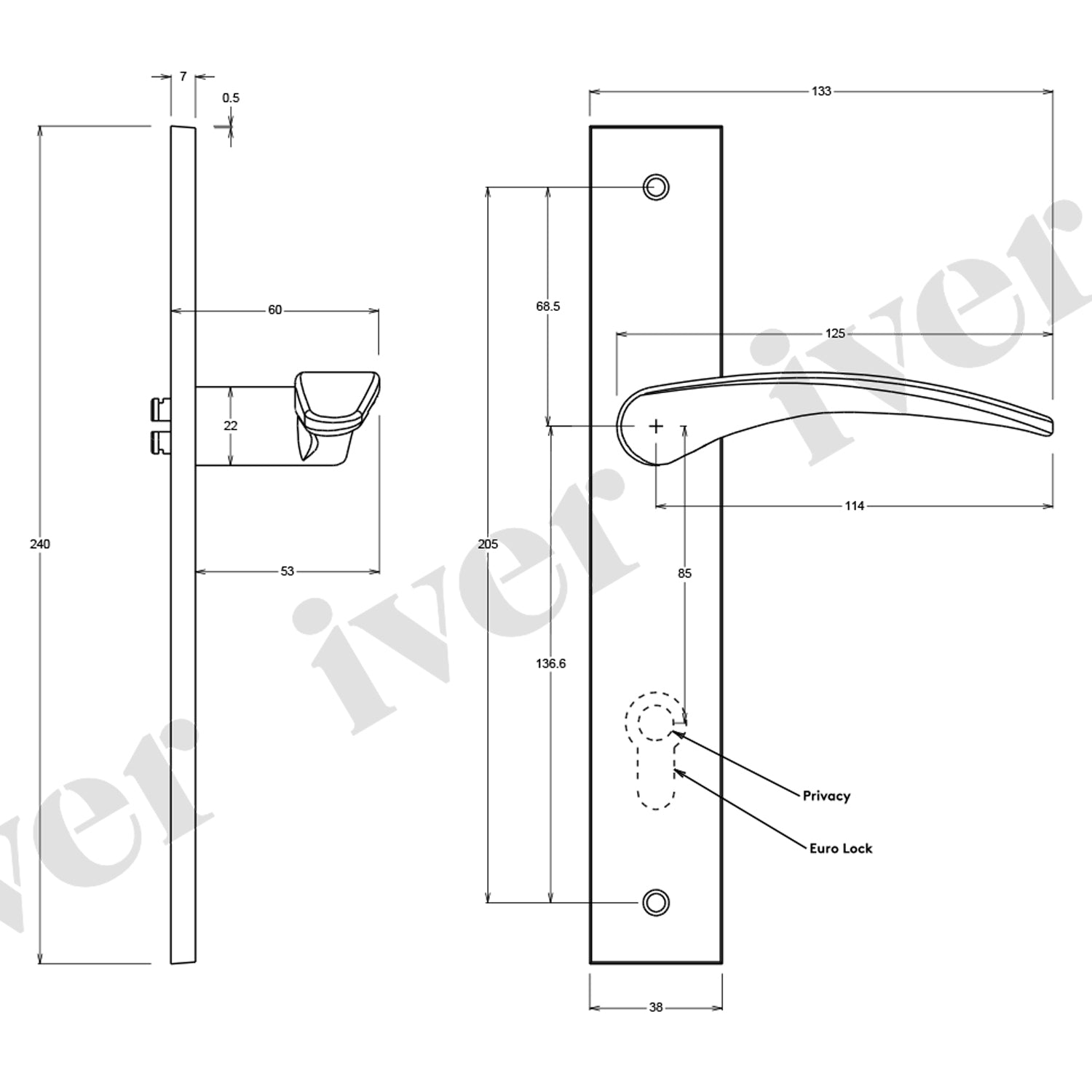 Iver Oxford Door Lever Handle on Rectangular Backplate Satin Nickel