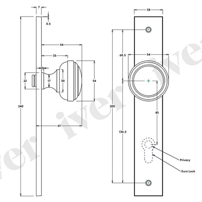 Iver Paddington Door Knob on Rectangular Backplate Signature Brass