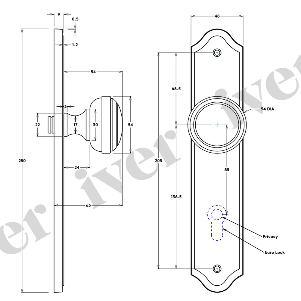 Iver Paddington Door Knob on Shouldered Backplate Satin Nickel