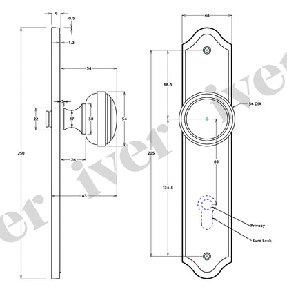 Iver Paddington Door Knob on Shouldered Backplate Satin Nickel