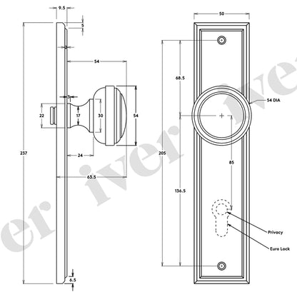 Iver Paddington Door Knob on Stepped Backplate Signature Brass