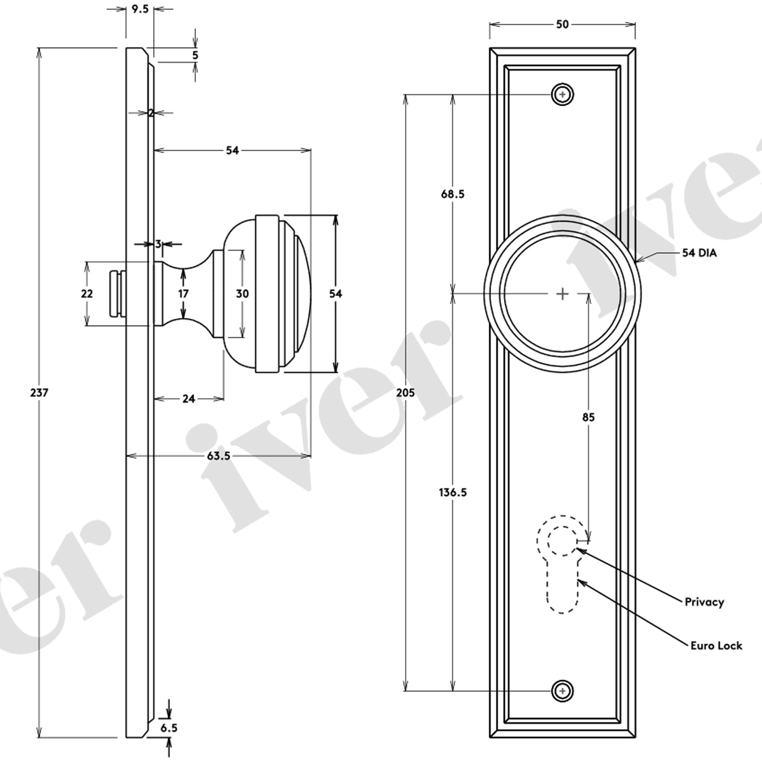 Iver Paddington Door Knob on Stepped Backplate Polished Brass