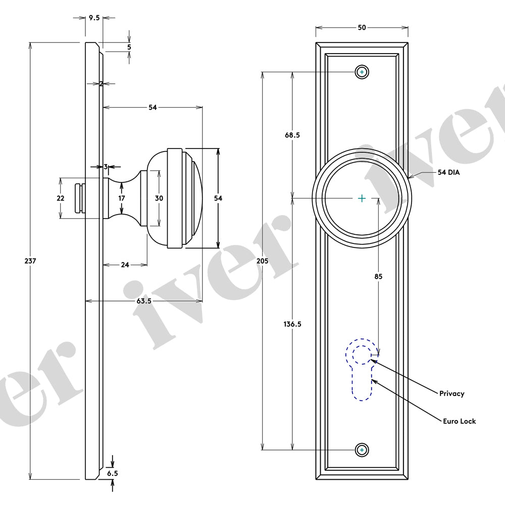 Iver Paddington Door Knob Stepped on Backplate Satin Nickel