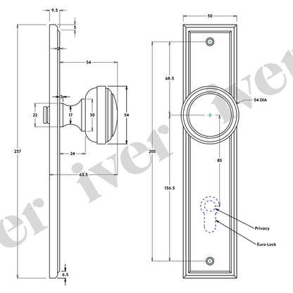 Iver Paddington Door Knob Stepped on Backplate Satin Nickel