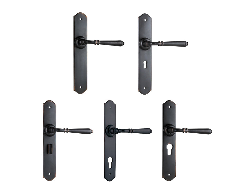 Tradco Reims Lever Door Handle on Long Backplate Antique Copper