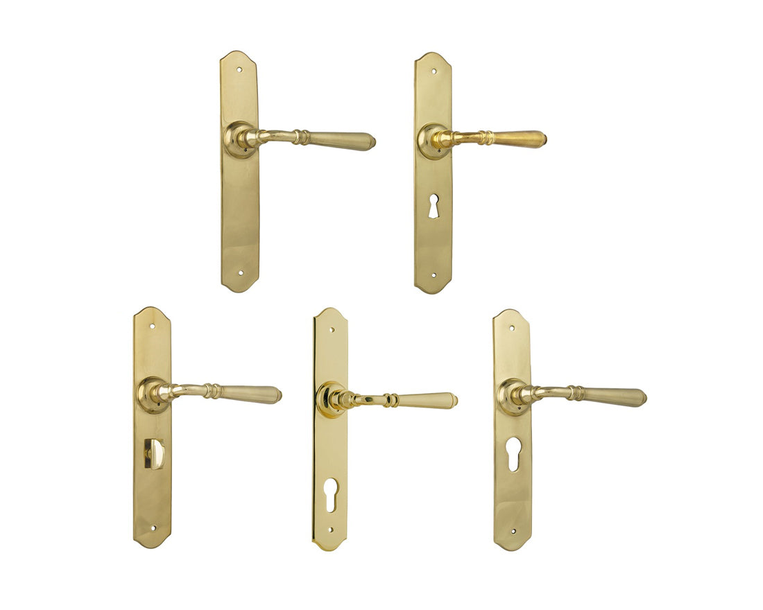 Tradco Reims Lever Door Handle on Long Backplate Polished Brass
