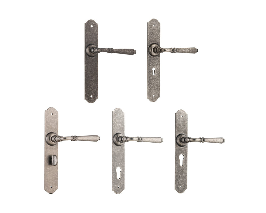 Tradco Reims Lever Door Handle on Long Backplate Rumbled Nickel