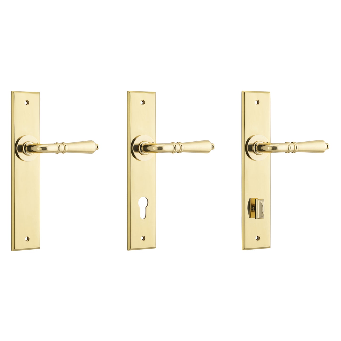 Iver Sarlat Door Lever Handle on Chamfered Backplate Polished Brass