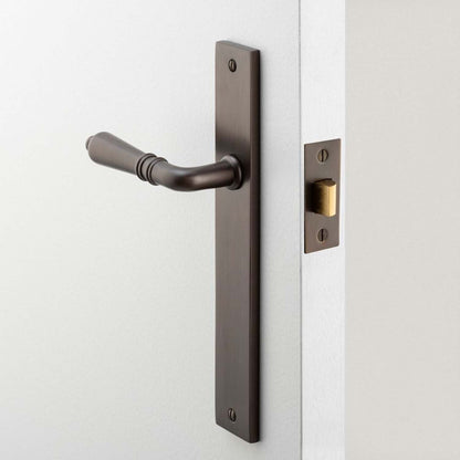 Iver Sarlat Door Lever Handle on Rectangular Backplate Signature Brass