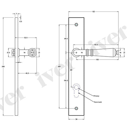 Iver Sarlat Door Lever Handle on Rectangular Backplate Distressed Nickel