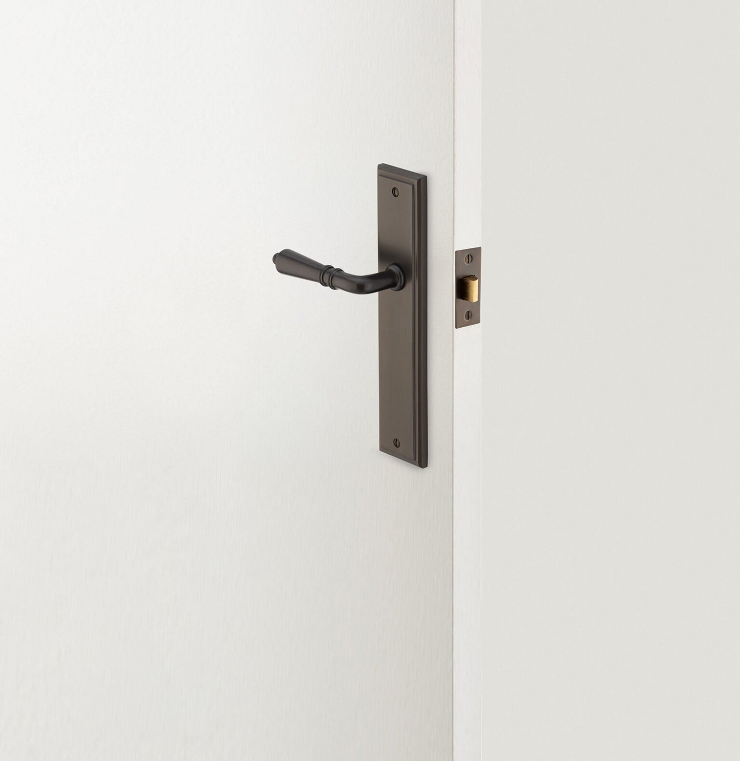Iver Sarlat Door Lever Handle on Stepped Backplate Signature Brass