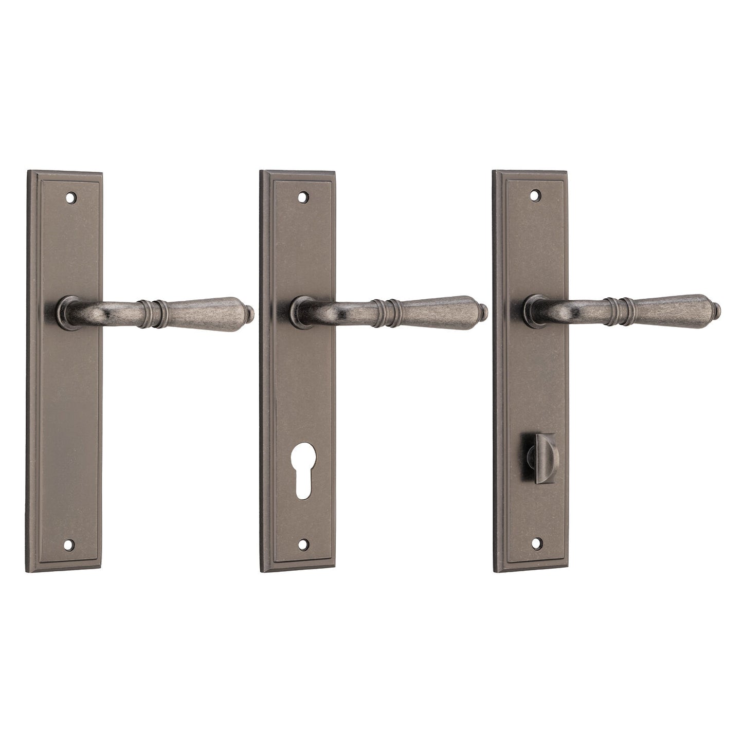 Iver Sarlat Door Lever Handle on Stepped Backplate Distressed Nickel