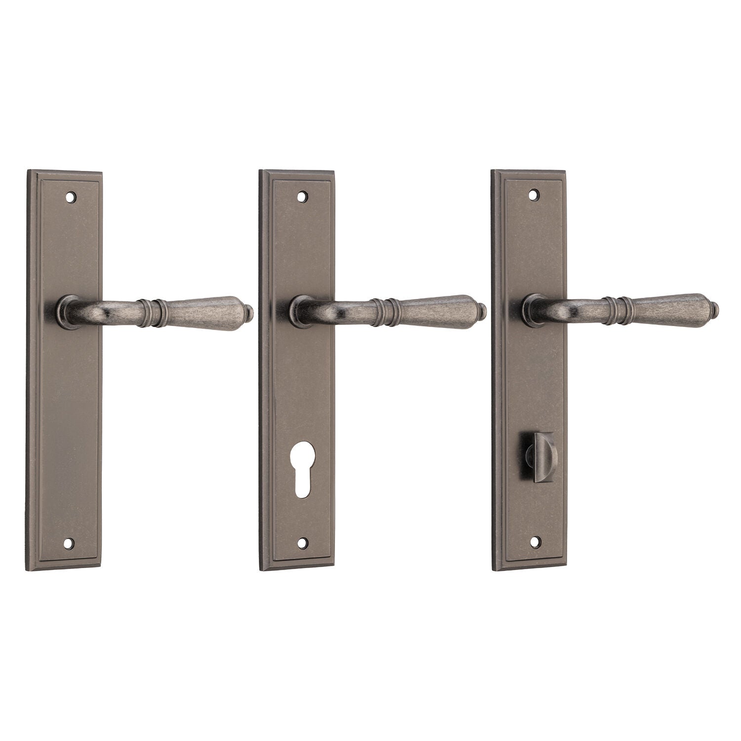 Iver Sarlat Door Lever Handle on Stepped Backplate Distressed Nickel