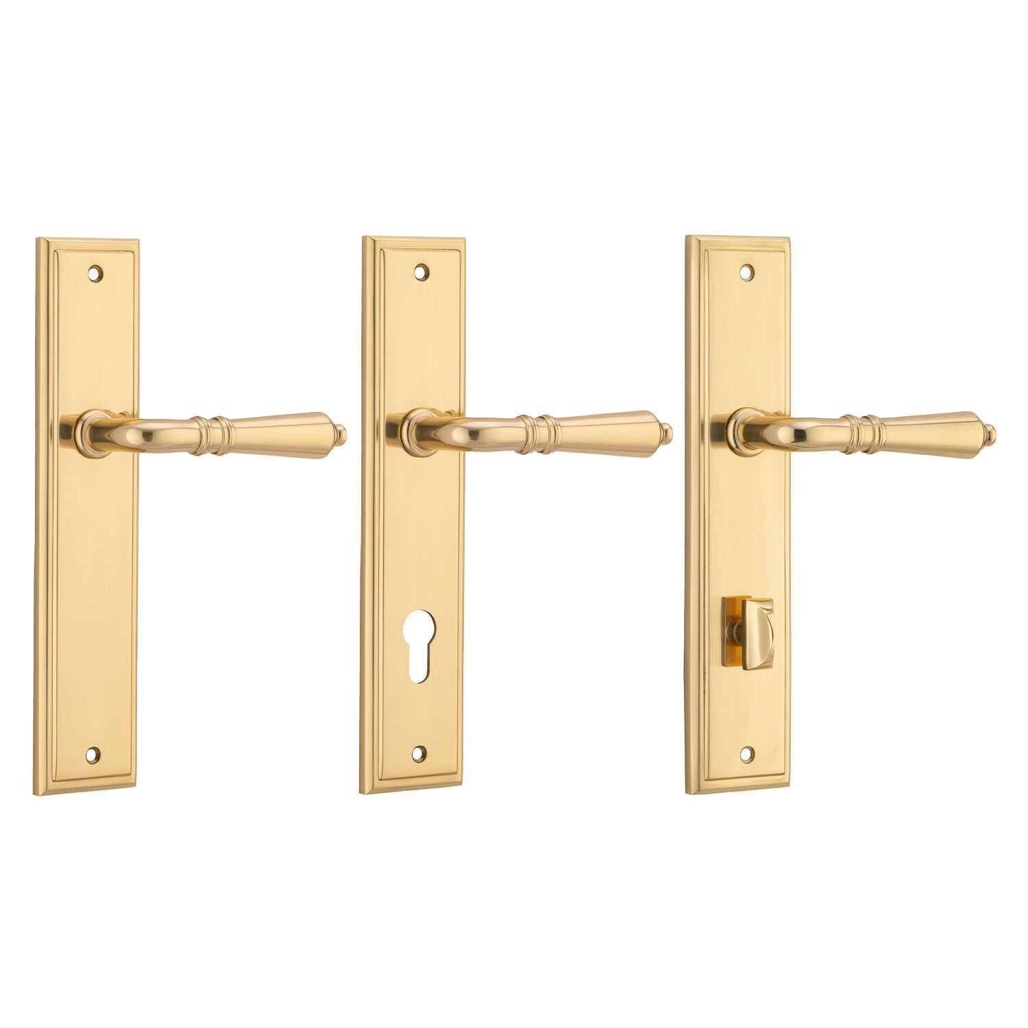 Iver Sarlat Door Lever Handle on Stepped Backplate Polished Brass