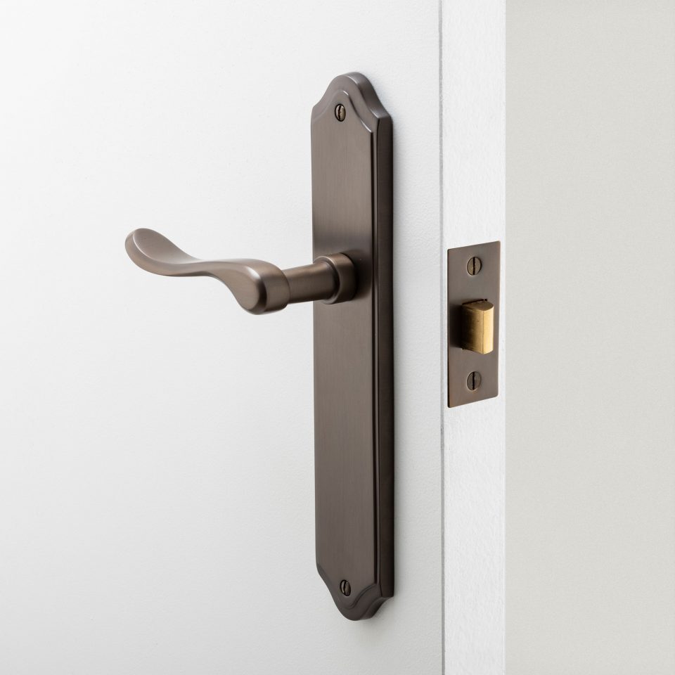 Iver Stirling Door Lever Handle on Shouldered Backplate Brushed Brass