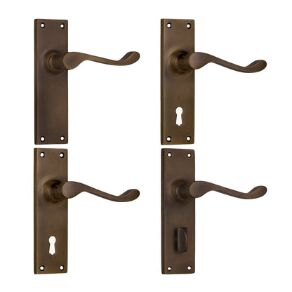 Tradco Victorian Door Lever Handle on Long Backplate Antique Brass