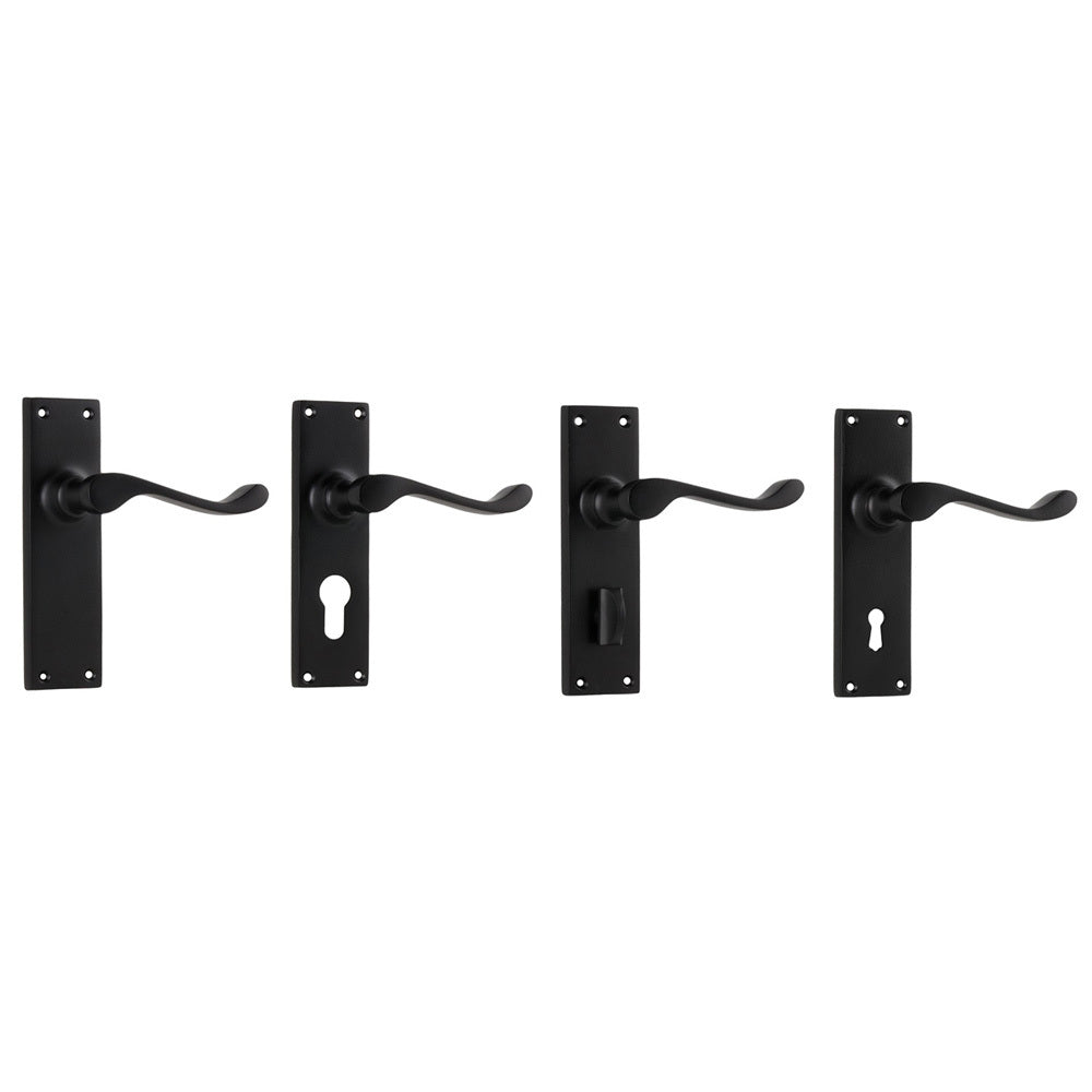 Tradco Victorian Lever Door Handle on Long Backplate Matt Black - Available in Various Functions