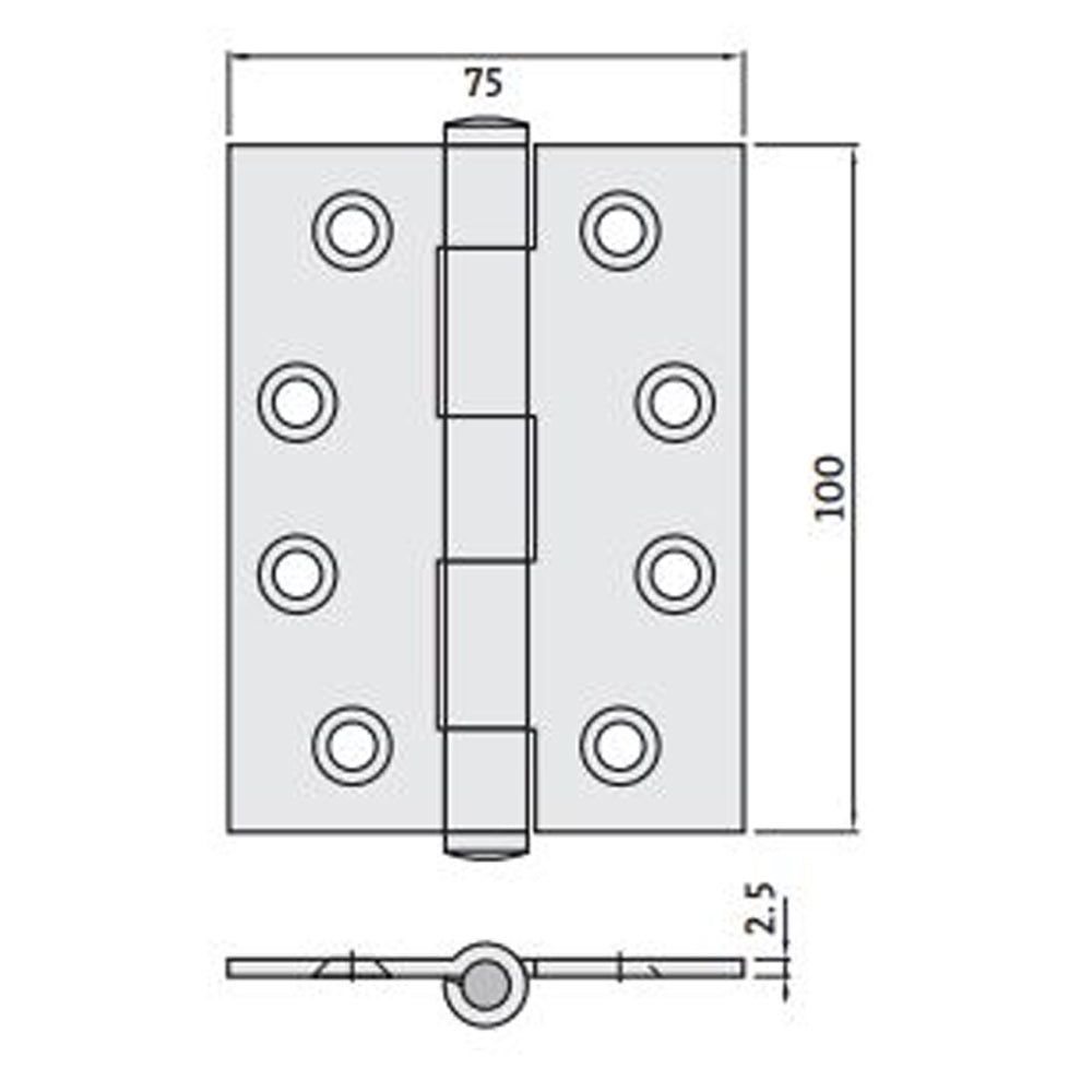 Trio Butt Hinge Fixed Pin Steel 100x75x2.5mm Matt Gold Single R2-175MGF