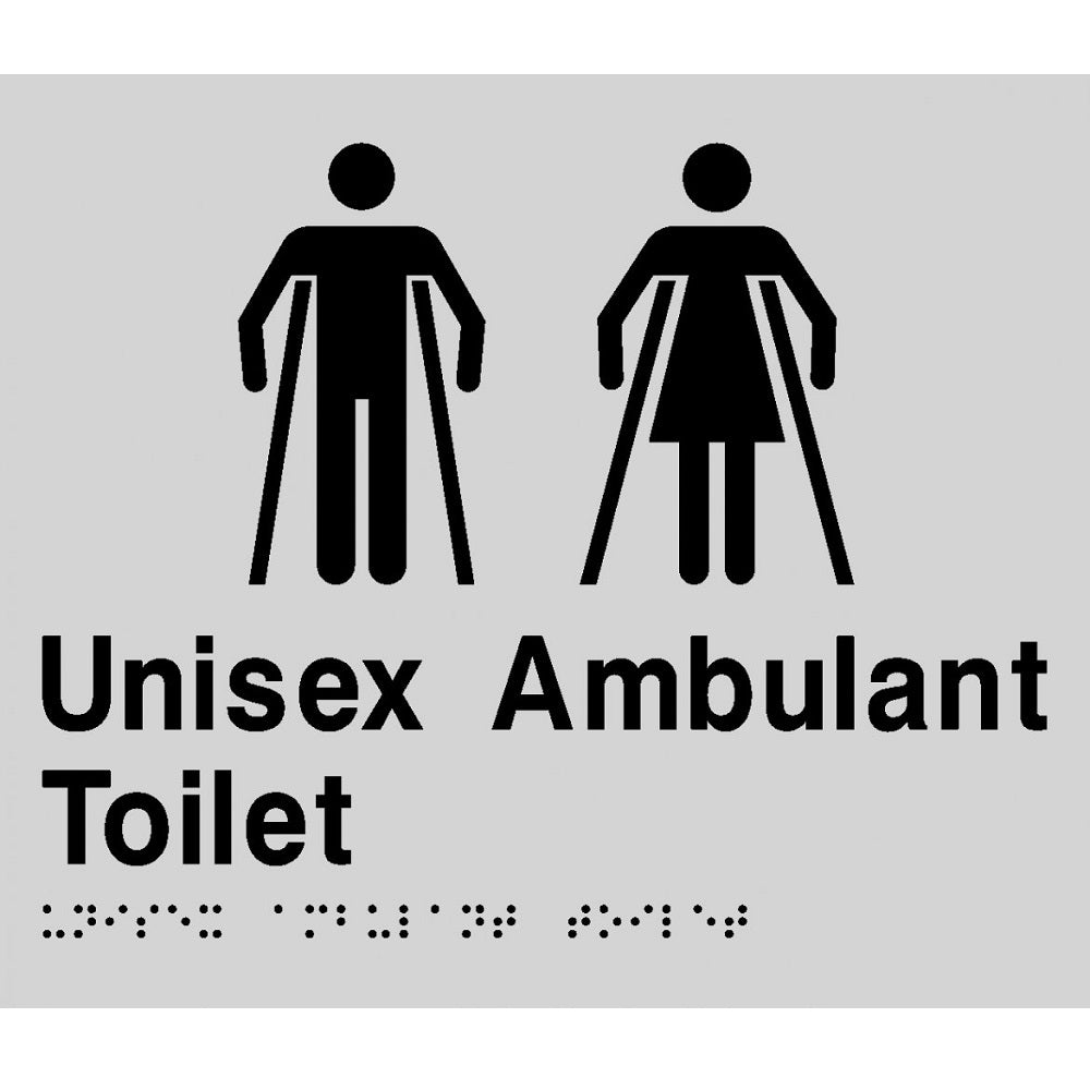AS1428 Compliant Toilet Sign Unisex Ambulant Braille MFAT SILVER 210x180x3mm
