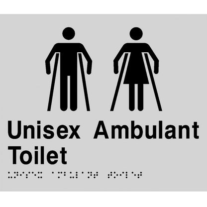 AS1428 Compliant Toilet Sign Unisex Ambulant Braille MFAT SILVER 210x180x3mm