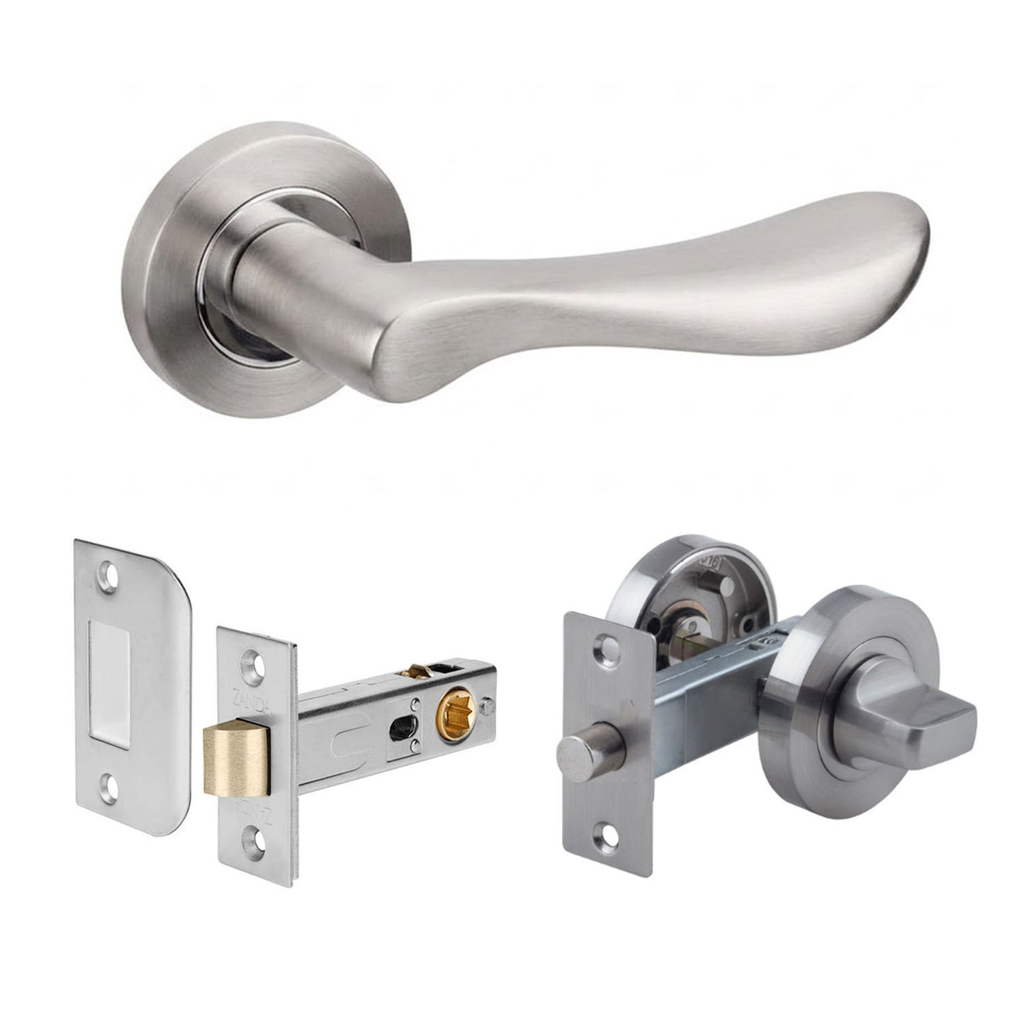 Zanda Juno Door Lever Handle on Round Rose Privacy Set Satin Chrome 7037.SC