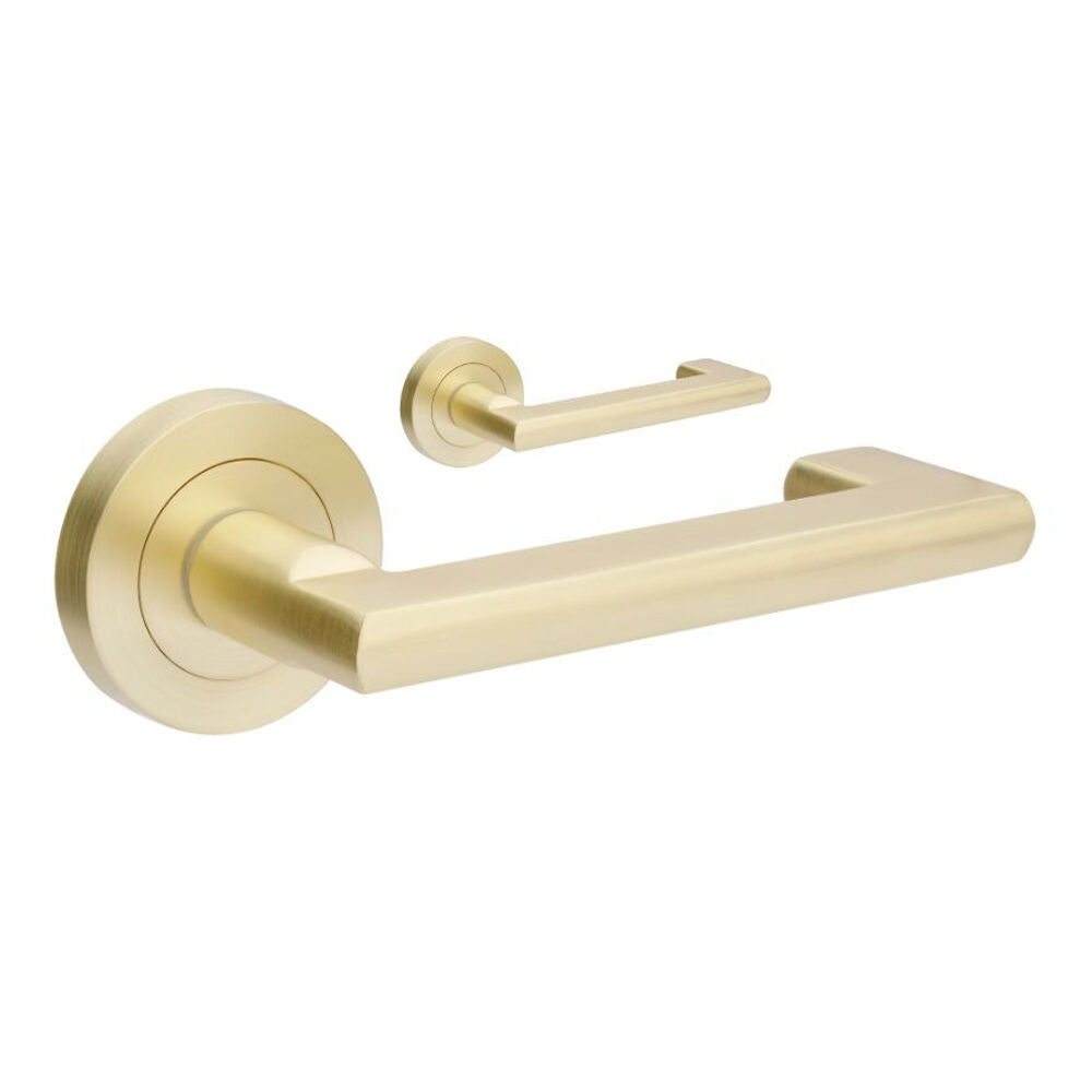 Zanda Epic Return Door Lever Handle on Round Rose Satin Brass