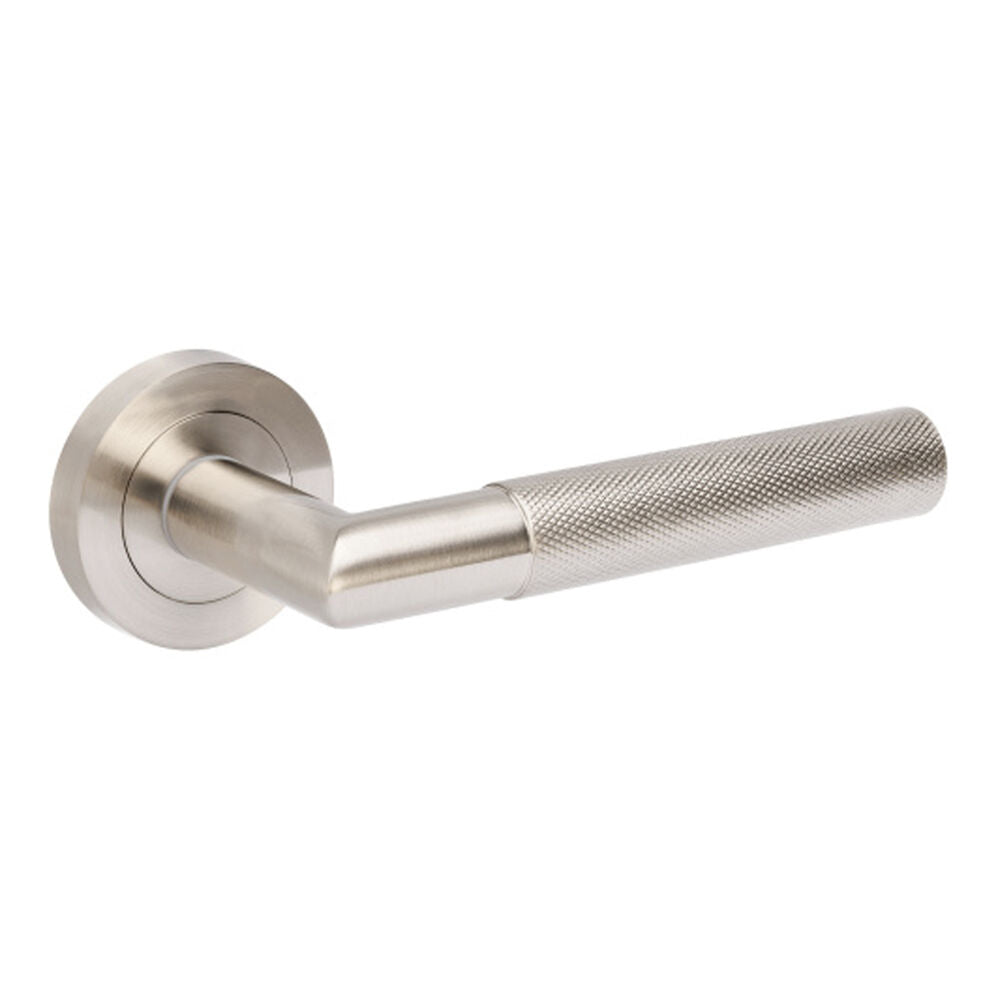 Zanda Vertex Door Lever Handle on Round Rose Brushed Nickel