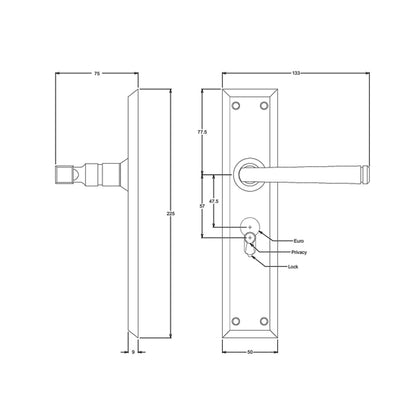 Tradco Menton Door Lever on Long Backplate Passage Set Antique Brass 0678KPASS60