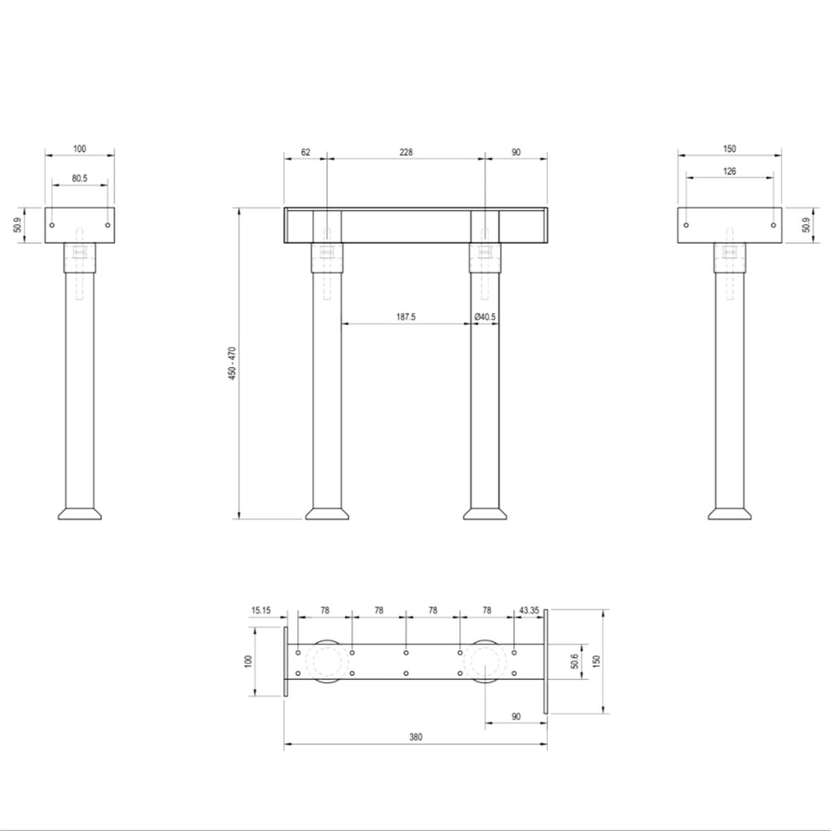 Metlam Bench Seat Bracket 450x150x380mm - Available in Various Finishes